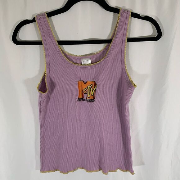 MTV Tank Top Women's Medium Purple Ribbed Sleeveless Embroidered Logo Cotton Ble - Picture 1 of 7